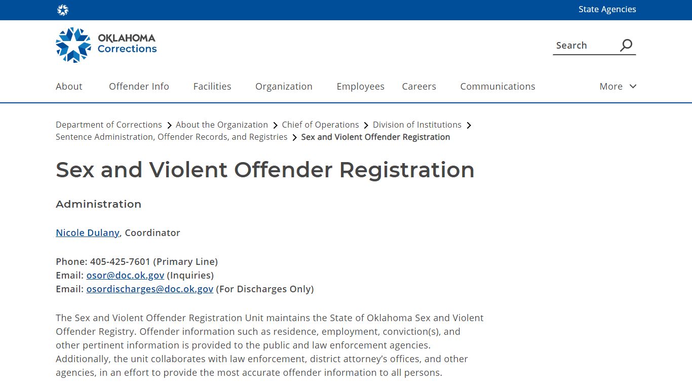 Sex and Violent Offender Registration - Department of Corrections